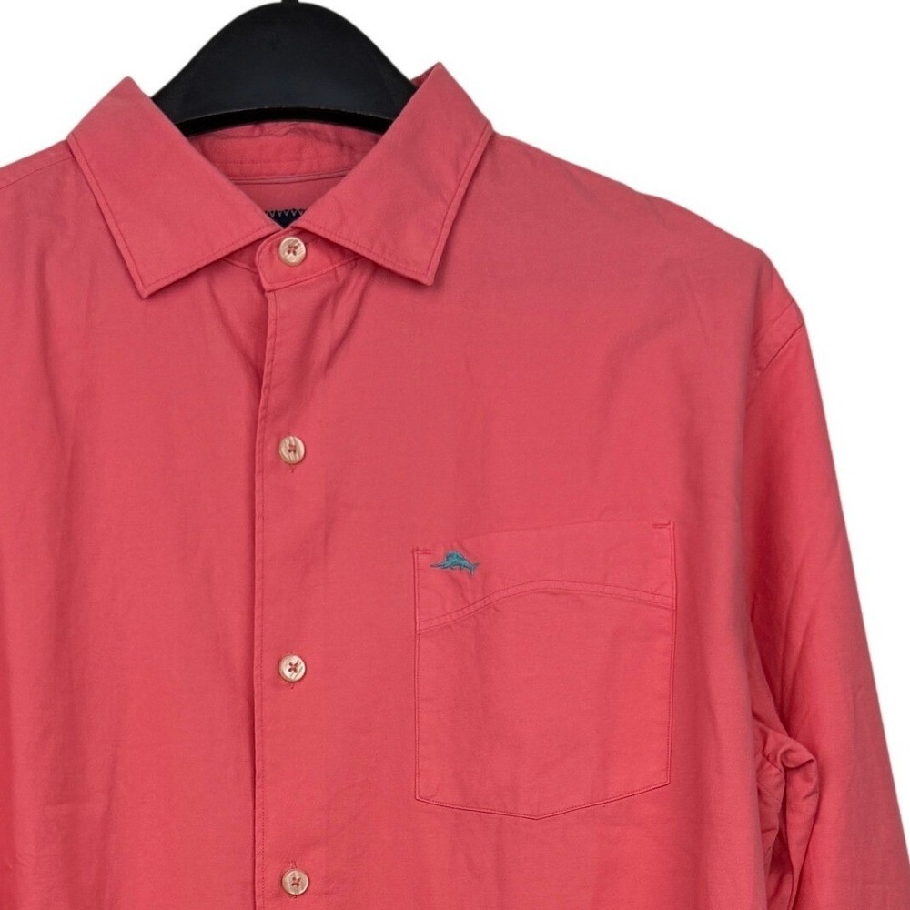 Tommy Bahama Mens Medium SILK Blend Long Sleeve Aloha Hawaiian Shirt Coral Pink